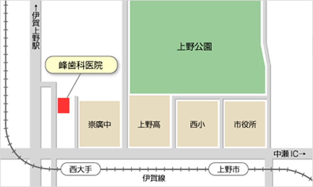 峰歯科医院の広域地図。伊賀上野駅と上野公園付近の位置案内図