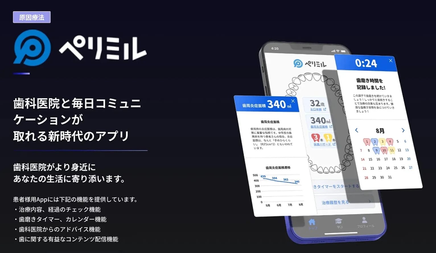 ペリミル - 歯科医院と毎日コミュニケーションが取れる新時代のアプリ。歯周炎症面積の数値表示・推移グラフ、歯磨きタイマー、カレンダー機能などを搭載したスマートフォンアプリの画面イメージ